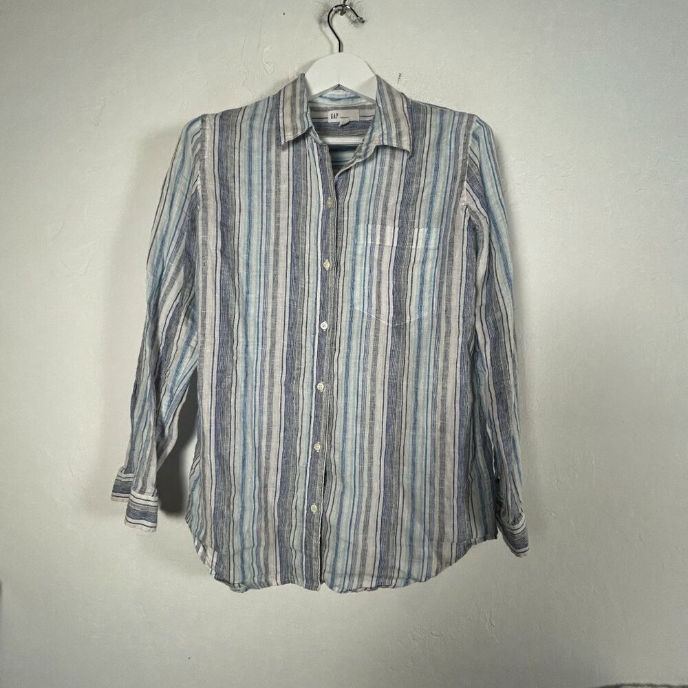 Gap Womens Boyfriend Fit Striped Button-Down Shirt Long Sleeve Small Linen Blue